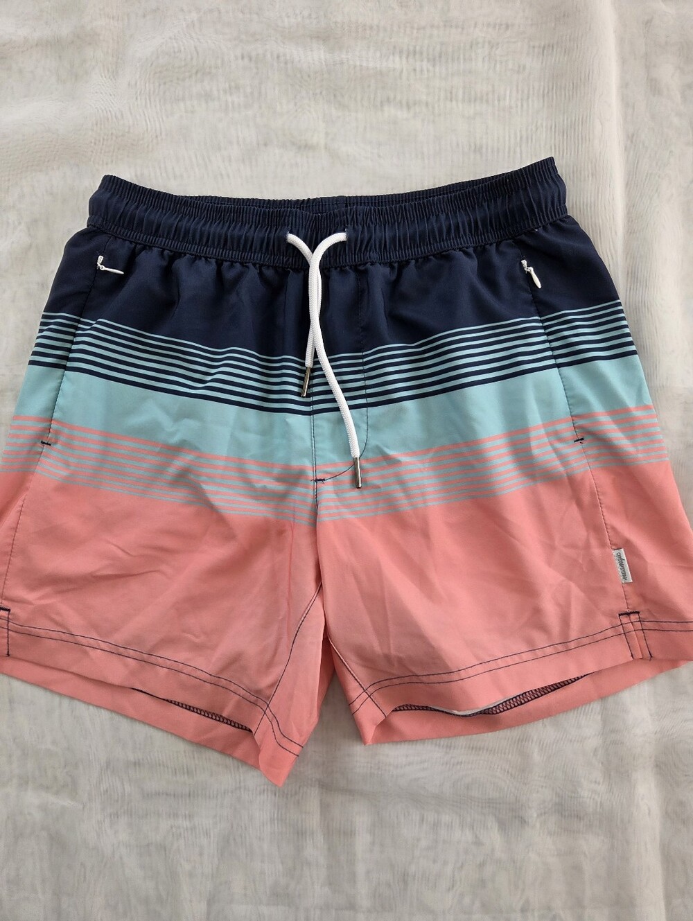 Maamgic Men's Striped Swim Trunks - Navy, Aqua & Coral With Undershorts‎ Pockets